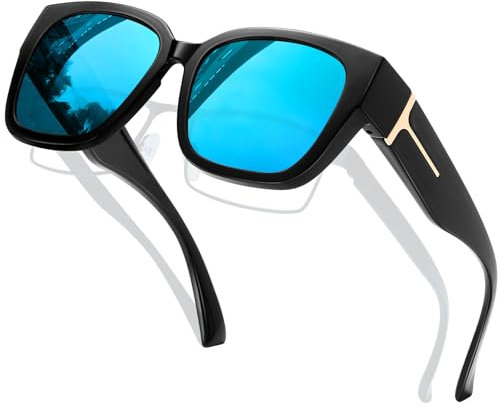 KANASTAL Occhiali da Sole Blu Specchio Uomo Donna Polarizzati Sovrapponibili Sopraocchiali Azzurri Specchiati UV400 Quadrati Alla Moda Vintage Grandi Blue Sunglasses over Glasses -Azzurrati Neri