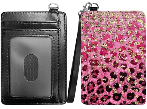 RWUTYTIUL Hummingbird Flower Minimalist Wallet with Lanyard Strap, PU Leather Front Pocket Wallet RFID Blocking Credit Card Holder Card Cases with ID Window for Man Woman Boy Girl, Pink Cow Tattoo
