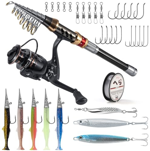 Alwonder Angelrute und Rolle Combo Teleskoprute 4000 Spinnrolle Combo Set Salzwasser Meeresangeln Köder Jigs Löffel Spinner Sandandeel Köder Meeresausrüstung Ausrüstung Tackle 2,3 m