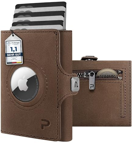 PURISTO KLIK Classic AirTag Wallet mit Münzfach - Mini-Geldbörse für Herren aus Echtleder - Kleines Kartenetui mit RFID-Schutz für 10-14 Karten - Braun Vintage