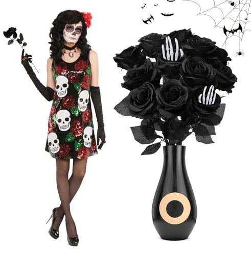 Darryy Gothic Deko, Schwarze Rosen Künstlich Halloween Dekorationen, Schwarze Rosen, Tag der Toten Deko, Gothic Dekoration (12, Schwarz)