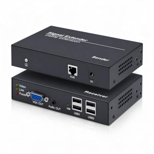 KVM Extender VGA, VGA KVM Extender Up to 164ft/50m Over Single Cat5e/6/7 Network Cable, Zero Delay Transmission, Plug and Play, VGA Ethernet KVM with 4 USB2.0 Ports, Support Keyboard Printer Webcam