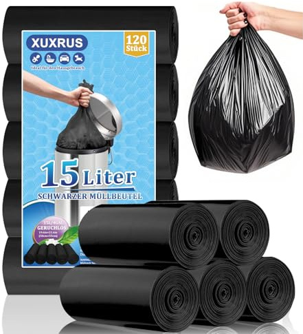 XUXRUS Müllbeutel 15L Schwarz Für Badezimmer, Müllsäcke, 120 Stück | Kompaktes Format, Reißfestes Material, Auslaufsicher, Geruchsneutral, Ideal Für Den Täglichen Gebrauch