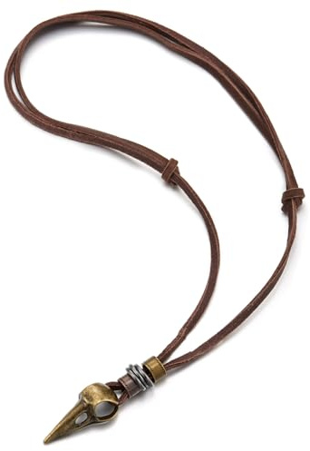 COOLSTEELANDBEYOND Antiguo Bronce Aguila Pájaro Cabeza Cranio Colgante, Hombre Cordón de Cuero Collar Marrón, Tribal Gótico