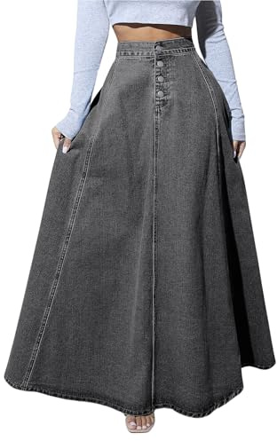 ebossy Gonna Lunga Svasata da Donna a Vita Alta con Bottoni a Vita Alta, Gonna Lunga in Jeans Plissettata fluida Svasata a Trapezio in Denim, Grigio Scuro, XL
