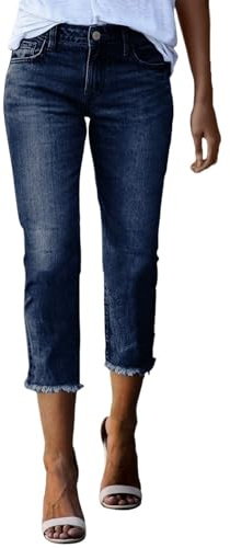 shownicer Capri Jeans Damen Sommer 3/4 Hose Stretch Leggings 7/8 Jean Caprihose Skinny Jeanshose Leich Sommerjeans Dreiviertel Hose A Dunkelblau S