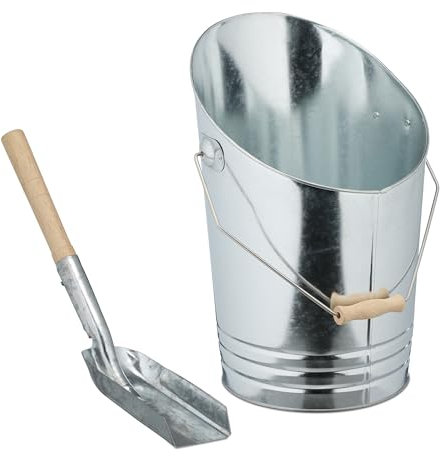 Relaxdays Secchio Raccogli Cenere con Manico e Pala, Cesto Carbone 10 L, Secchiello per Camino e Stufa, Ferro, Argento, Legno