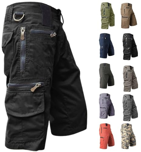 Fickor med flera blixtlås cargoshorts för män vandring knälånga shorts män avslappnad passform trendig militär under knät capribyxor utomhus träning strid herrkläder sommar lätt loungebyxor, Svart