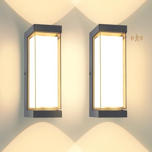YindaLux 2-Pack 24W LED Outdoor Lamp with Motion Detector, IP65 3000LM Wall Light Indoor/Outdoor, 3000K Modern Wall Light Fixture with Motion Detector, Aluminum Wall Lantern for Patio, Anthracite