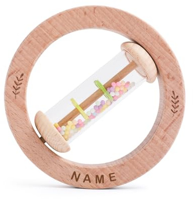 WOODEN TEETHER Rassel Baby baby Musikspielzeug Jungen Mädchen Geschenk(Klassisches) (Mit Name, Rundes)