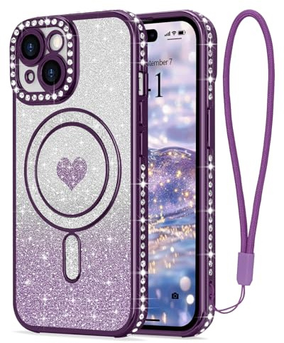 LAPOPNUT Magnetic Glitter Case for iPhone 15 with Wrist Strap,Purple | Compatible with MagSafe, Sparkly Phone Cover for Girls Women, Sparkle Rhinestone Rasied Camera Protection,Bling Glittery Cute