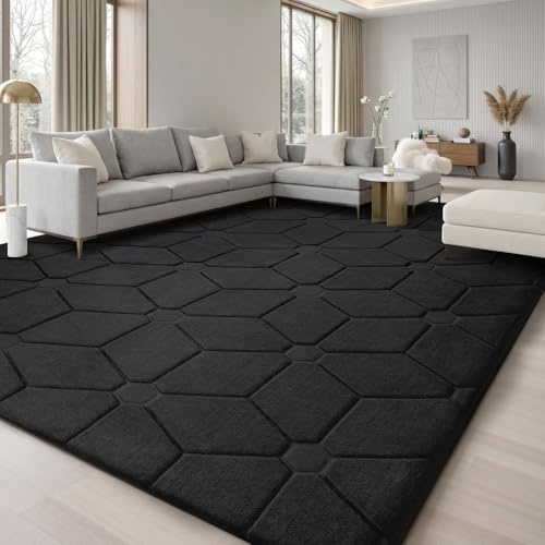Treeboy Large Rugs Living Room Bedroom 200x300 Washable Carpet Black Rug | Big Thick Shaggy Area Rugs, Anti Slip Soft Fluffy Rug,3D Modern Low Pile Bedside Carpets for Kids Bedroom Nursery No Shedding