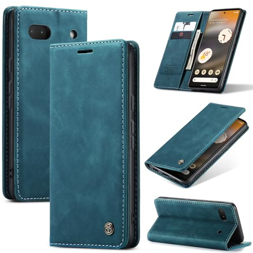 Samokor Handyhülle für Google Pixel 6A 5G Magnet Leder Klapphülle | Premium Leder,Klappbar,Flip Case,Schutzhülle,Tasche,Kartenfach,Standfunktion,Stoßfest,Hülle für Google Pixel 6A,Blaugrün