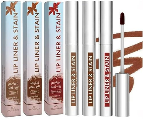 Lip Stain Peel Off, 3Pcs Peel Off Lip Stain and Liner Set，Long Lasting Waterproof Matte Lip Tint,Non-Stick Cup Nude Lip Gloss,Smudge Proof Lip Liner and Stain (Coffee)