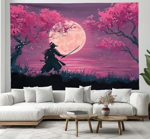 Luz Luna Guerrero Tapiz De Pared Flores Cerezo Japón Tapices Para Sala Estar Tapices 180×230cm Decorativos Para Colgar En La Pared Del Dormitorio