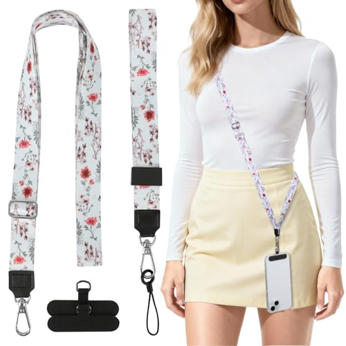 HONZUEN Cordon Telephone Portable Réglable, Bandouliere Telephone Portable Universelle et Bracelet avec 2 Patch, lanyard et Dragonne Téléphone, Cordon Tour de Cou pou Tous Smartphones, Fleur Rouge