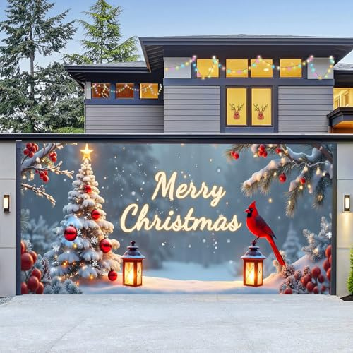 LEIDIMUS Weihnachts Garagentor Banner, Große Weihnachts Garagenhintergründe, Türwandbild, Outdoor Wandfoto Requisiten, Hintergrund, Hängender Hintergrund, Dekoration,Cardinal christmas,16 * 7FT
