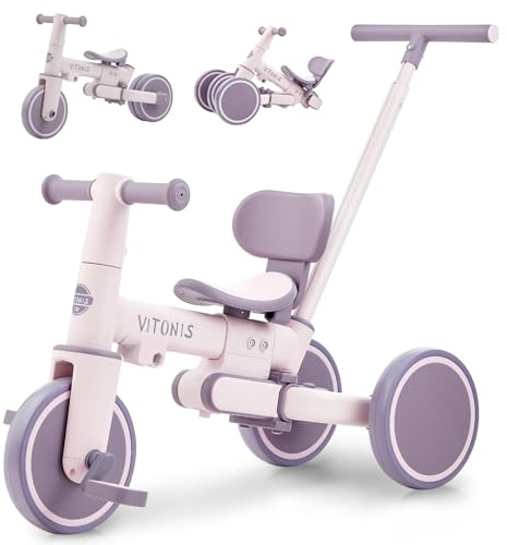 VITONIS bicicletta senza pedali da 1 anno, triciclo 5 in 1 con barra di spinta per bambini, girello per bambini da 1 a 3 anni Regali e giocattoli (viola)