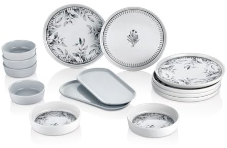 Kitchen Life 14-delat frukostset Cold Flowers – 6 personer – lyxigt serveringsset av Kütahya keramik – stapelbar, glaserad och diskmaskinssäker