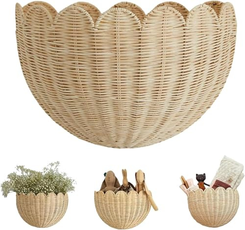 Wandkorb Aus Rattan, Aufbewahrungs korb Geflochten, Blumenkorb Wandampel Blumenampel für Wand, Wandhalterung Flechtkorb Regalkorb für Wohnzimmer, Schlafzimmer, Bad & Kinderzimmer (40 * 25cm/1PC)