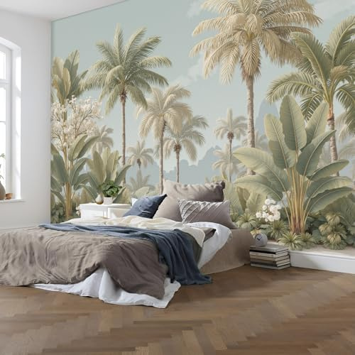 Carta Da Parati Panoramica Giungla Retrò 3D Seta, 250 x 175cm - Carta Da Parati Palme Foglie Di Banano Murali Poster Per Soggiorno,Camera Da Letto,Adulto E Studio