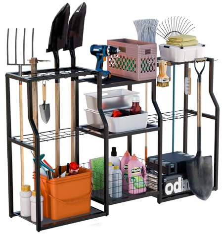 Unho Porta Attrezzi da Giardino Garage: Rastrelliere immagazzinamento Attrezzi 4 Livelli Scaffale Metallo Garage Porta Scope Organizzatore Cucina, Grande capacità 123x29x78cm