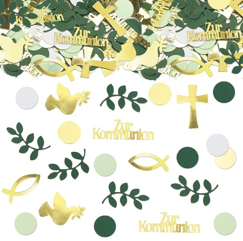 GoldRock 200 Stück Tischdeko Kommunion Deko Konfetti, Deko Kommunion Junge Mädchen,Streudeko Konfirmation Gold Grün,Erstkommunion Deko,Taufe Streudeko Kreuz Fische Firmung Konfetti,Taufdeko Eukalyptus