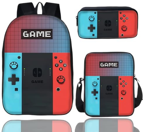 3Pcs Gaming School Bag Set for Boys, Gaming Kids Rucksack Boys Backpack, Crossbody Bag, Pencil Case, Large Capacity Backpack for Students Back to School Supplies Gamer Gifts for Boy Game Lover