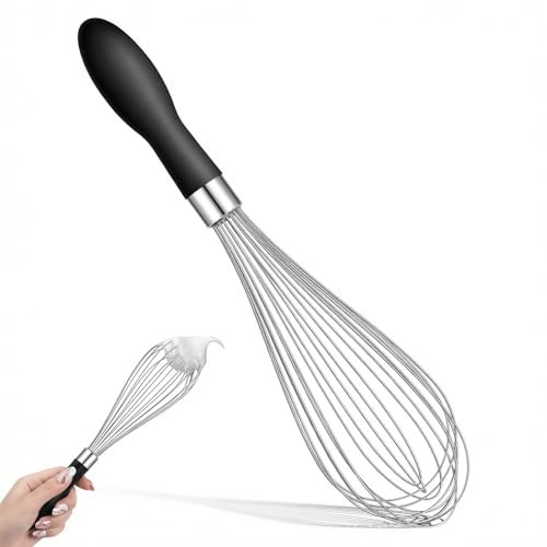 25.5cm Black Stainless Steel Balloon Whisk with Silicone Handle, Kitchen Egg Whisk for Baking, Mixing, Cooking, Durable Hand Whisk