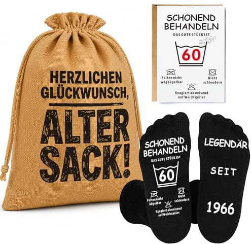 Gratitopia 60 Geburtstag Mann Geschenkset, Jutebeutel „Alter Sack“ 30 x 40 cm, lustige Socken mit Silikonprint & A6 Karte, Männer Geschenk zum 60. Geburtstag