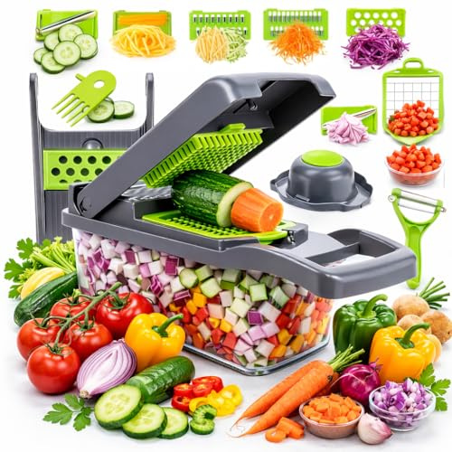 Mandolina de Cocina Profesional, Cortador de Verdura y Picadora de Verduras 16 en 1 – Cortador de Verduras y Picador de Verdura y Frutas – Mandolina Cocina, Cortador y Picadora Verduras