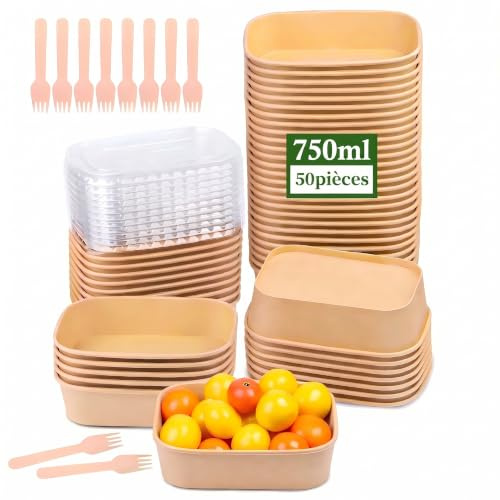 Ensaladeras Desechables Rectángulo de Papel Kraft 50 Unidades 750 ml