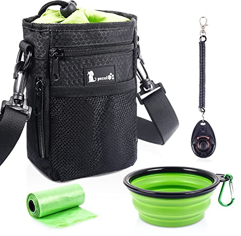 pecute Futterbeutel Hund 4 in 1 Wasserdicht Hunde Futterbeutel mit Kotbeutel Spender, Leckerli-Beutel für Hunde,Wasserdichtes Gewebe, Kostenlose 1 Rollen Poop Tasche und 1 Trainings Clicker (Schwarz)…