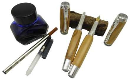 Set Schreibgerät Rollerball und Füller Oliven, Olive Holz, Luxus Edel Modell Statesmen JR Rhodium