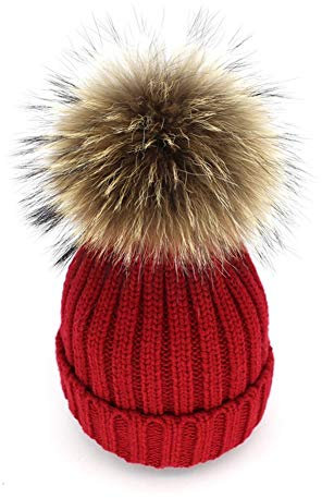 salefun Damen Strick-Mütze gefüttert mit Fell-Bommel, Kunstfell, Winter-Mütze, Bommelmütze Winter Strickmütze Weihnachten Geschenk