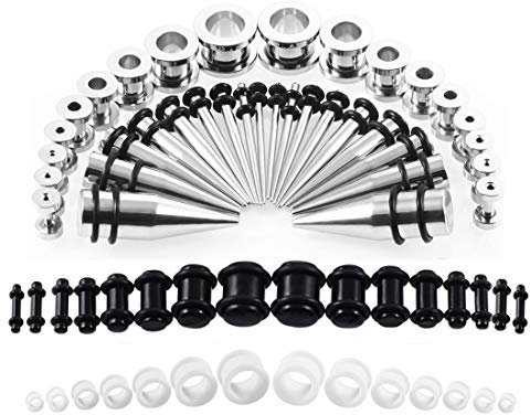 Huacan Dehnstäbe Set 1.6-10mm Tunnel Dehnset Silber 316L Chirurgenstahl Dehnstab Weiß Silikon Tunnels 3-12mm Plugs Schwarz Acryl Knochenstäbe Klassisch Expander für Frauen Damen Herren 68 Stück