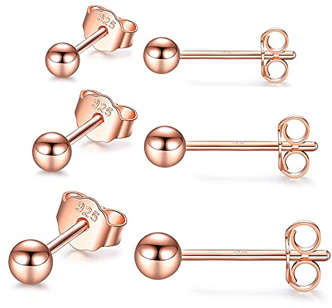 PRETTERY Rose Gold 925 Sterling Silver 3 Pair Round Ball Stud Earrings Set 3mm 4mm 5mm