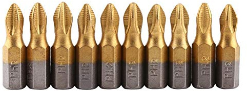 Embout Visseuse a Choc, 10 Pcs Embout Tournevis Magnétique PH2 Bit Embout Cruciforme, Titane revtu 1/4 Tige Hexagonale 25mm Longueur PH2 Tique Embouts de Tournevis S.2 Set