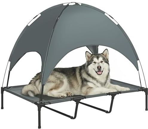 PawHut Erhöhtes Hundebett mit Baldachin Outdoor Grau 122 x 92 x 108 cm | Haustierbett, Hundeliege Outdoor mit Dach, Atmungsaktiv Sonnenschutz, Taftstoff, Camping