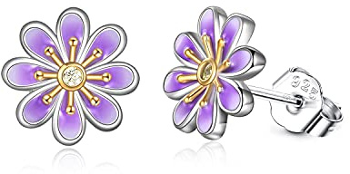 Orecchini margherita Orecchini in argento sterling piccoli con fiore margherita viola Orecchini gioielli con borchie Regali per donne Ragazze (Viola)
