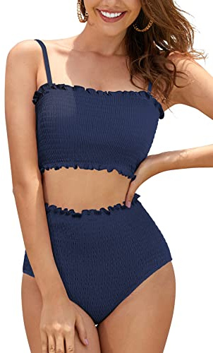 SHEKINI Damen Bikini Set Texturierte Bandeau Crop Top Bikinioberteil High Waist Bauchweg Bikinihose Ruched Zweiteiliger Badeanzug Strandmode (Large, Dunkelblau)