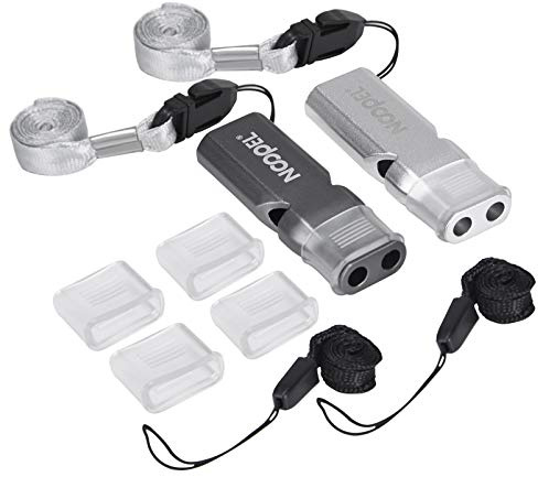 Noopel Coach whistle with Lanyard and Mouth Grip, 2 Pack Emergency Whistles, Loud for Referees Sports Officials Hiking Outdoor Camping Boating Hunting Survival Rescue (Gray+Silver)