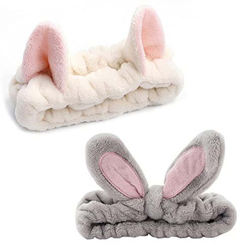 SIOPPKIK 2pcs oreilles de chat bandeaux - spa douche visage lavage bandeau bandeau facial maquillage bande wrap lavable tissu coloré s'adapte à toutes les tailles de tête, Gris