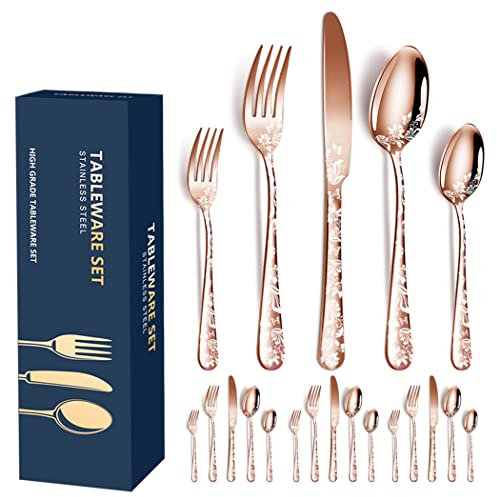 XIAOYU 20-Piece Flatware Set, Stainless Steel Silverware Cutlery Set for 4, Unique Pattern Design, Includes Dinner Knives/Forks/Spoons, Dishwasher Safe, Rose Gold