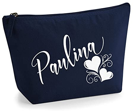 Personalisiert Name Initialen Herz Wirbel Kosmetiktasche Damen Schminktasche für Handtasche Makeup Tasche mit Texturdruck - Weiße Flocke - L | Marine Blau