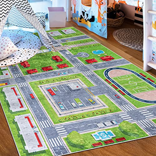 Mazovia Spielteppich Kinderzimmer 80x150cm Grün Zoo Pflegeleicht rutschfest | Kinderteppich für Schlafzimmer Spielzimmer Jungen Maschinenwaschbar Allergikerfreundlich Wetterfest Kurzflor Tierfreundlich