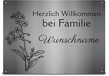 Print Royal Wetterfestes Türschild Familie mit Namen - Willkommen bei Familie Ihr Name - Familienschild personalisiert Haustür Schilder Familie mit Name | Metallschild mit Blume, 21x15 cm