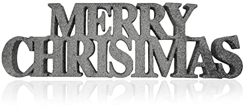 AKH® Letrero con purpurina de Feliz Navidad | 32 x 11 cm | Brillante y de pie | Para árbol de Navidad, pared, puerta, chimenea, corona, decoración interior y exterior | Cartel de bienvenida de fiesta