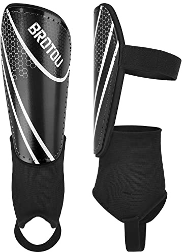 BROTOU Shin Guards Soccer Youth, Soccer Shin Guards for Kids 3-15, Light Weight Adjustable Straps Shin Pads Protection Equipment with Ankle and Leg Calf Protection (M, Black)