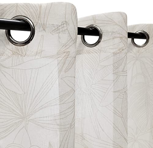 Atout Ciel Rideau Voilage imprimé Palme Bicolore à œillets 140x240cm prêt a Poser, Beige